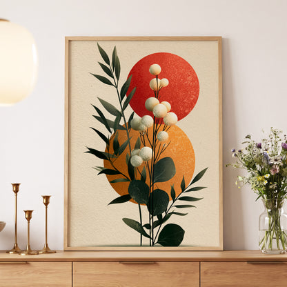 Sunlit Botanical Orbs, green, beige, white floral wall art displayed in a styled interior, gallery view 5