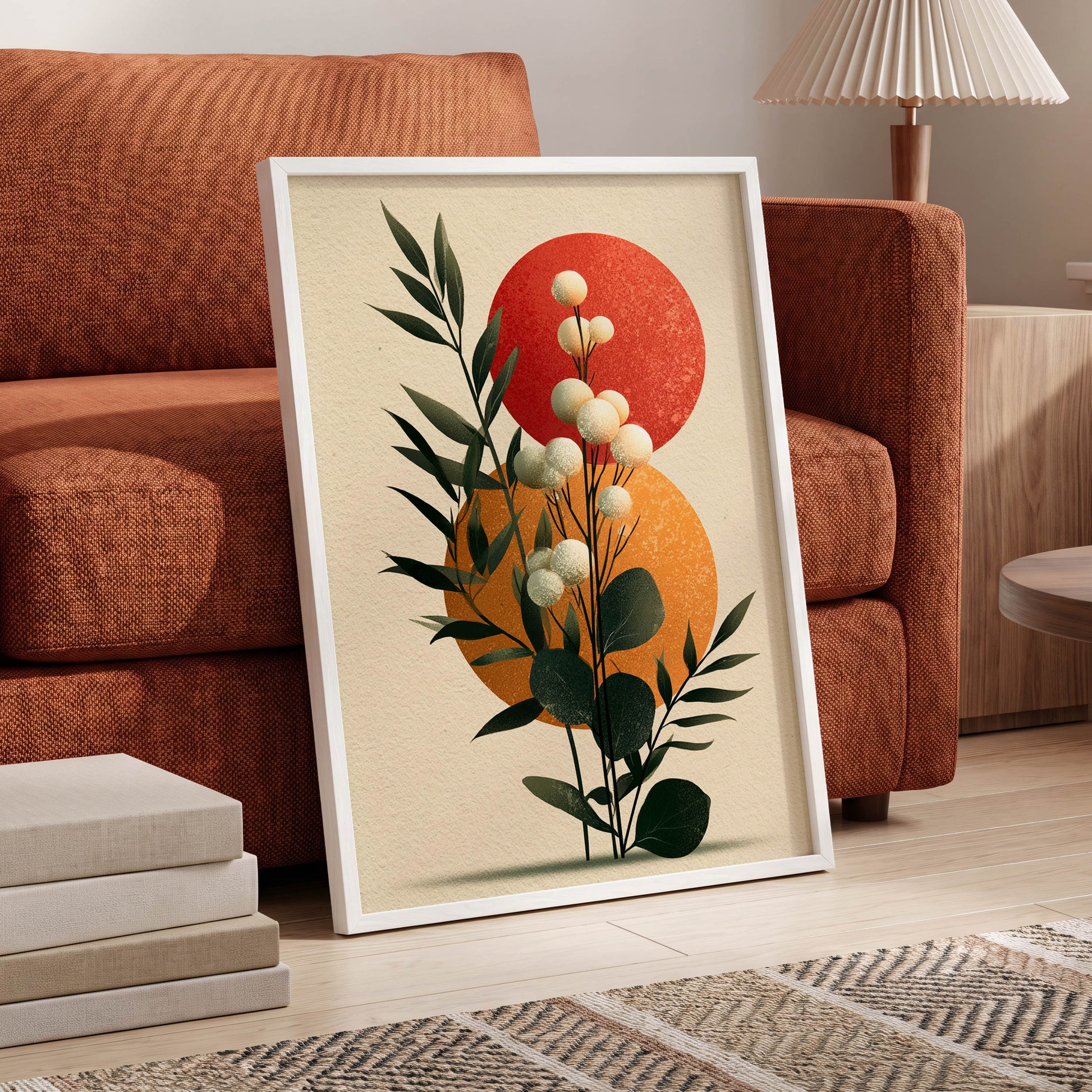 Sunlit Botanical Orbs, green, beige, white floral wall art displayed in a styled interior, gallery view 6