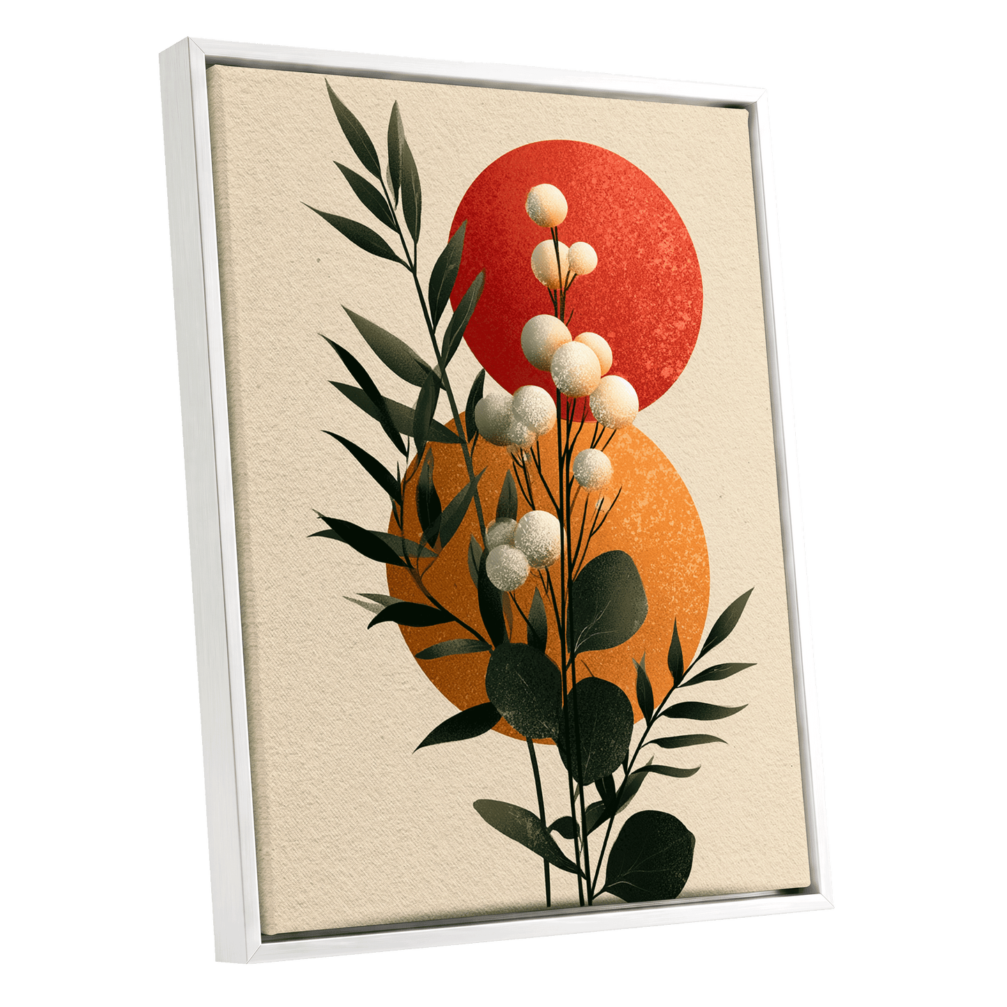 Sunlit Botanical Orbs, green, beige, white floral wall art shown as a white framed canvas wall art