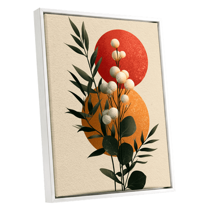 Sunlit Botanical Orbs, green, beige, white floral wall art shown as a white framed canvas wall art