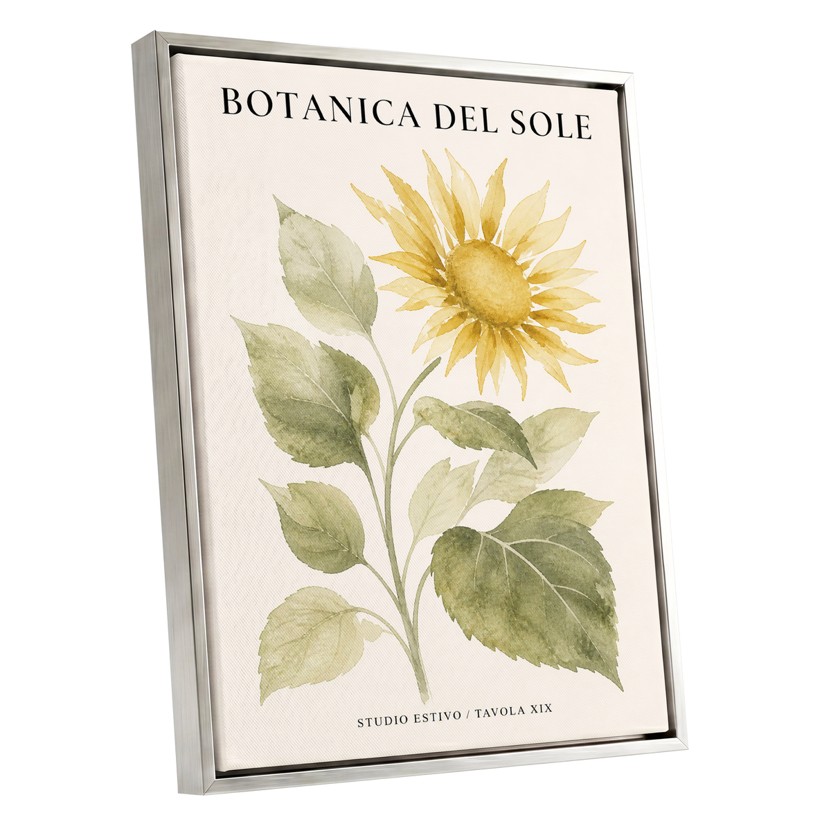 Sunlit Botanical, gold, green, beige floral wall art shown as a silver framed canvas wall art