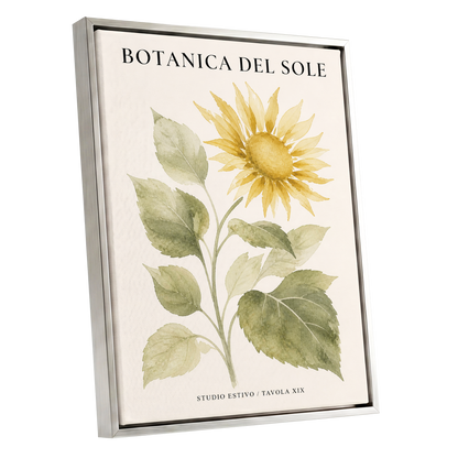 Sunlit Botanical, gold, green, beige floral wall art shown as a silver framed canvas wall art