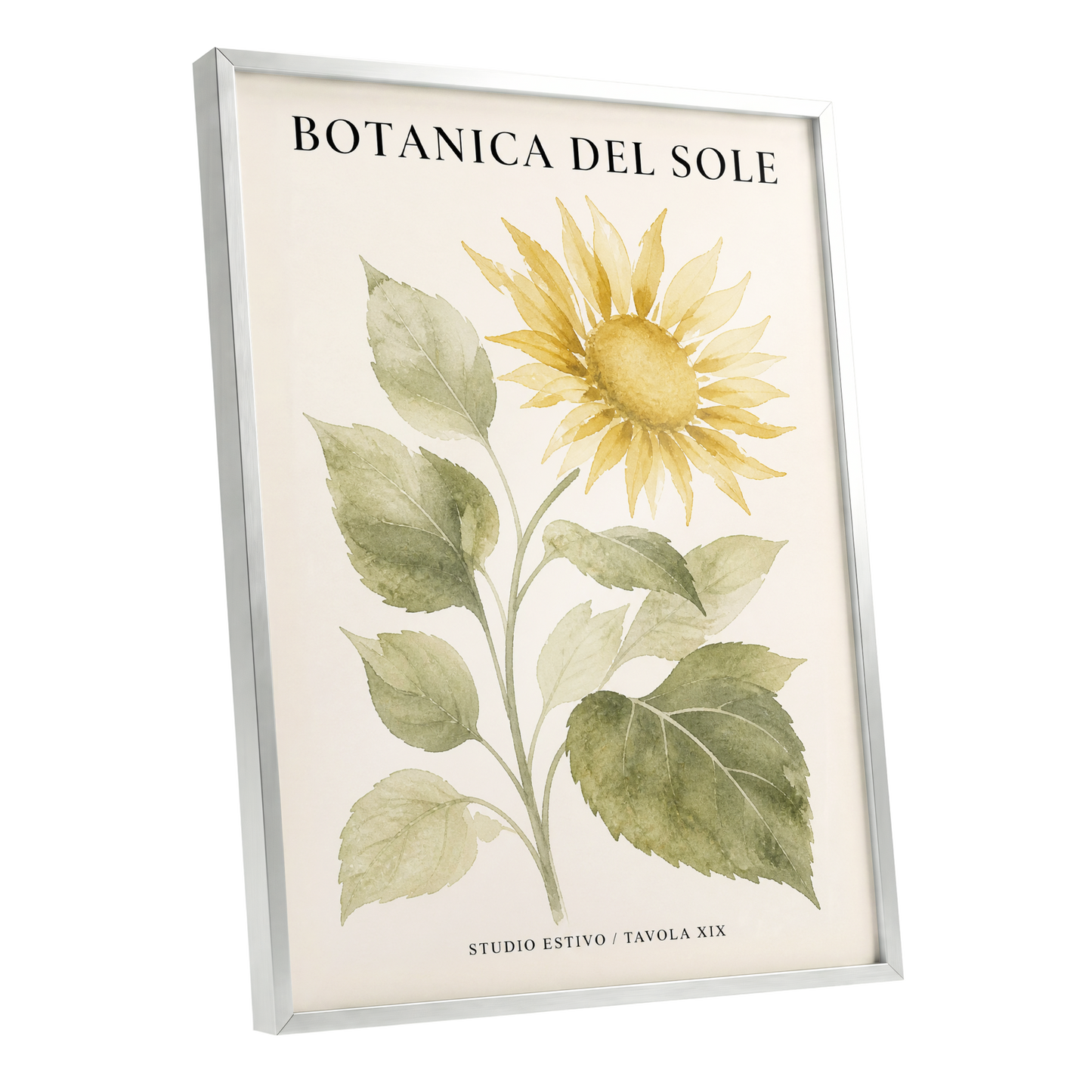 Sunlit Botanical, gold, green, beige floral wall art shown as a silver framed poster wall art print