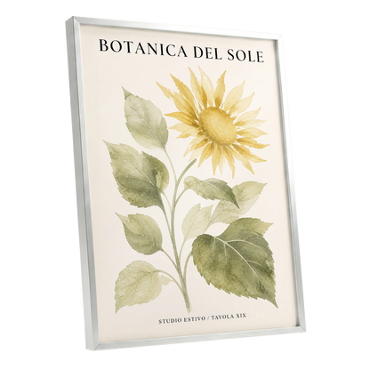 Sunlit Botanical, gold, green, beige floral wall art shown as a silver framed poster wall art print