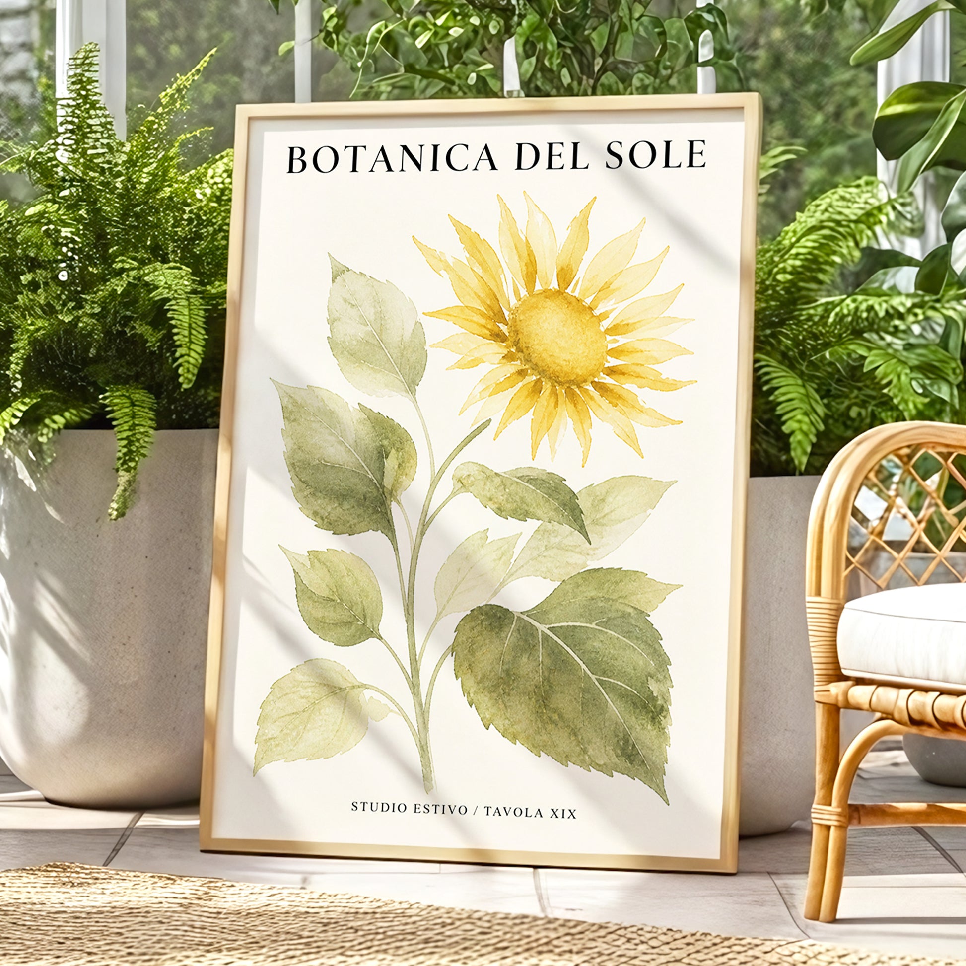 Sunlit Botanical, gold, green, beige floral wall art displayed in a styled interior, gallery view 1