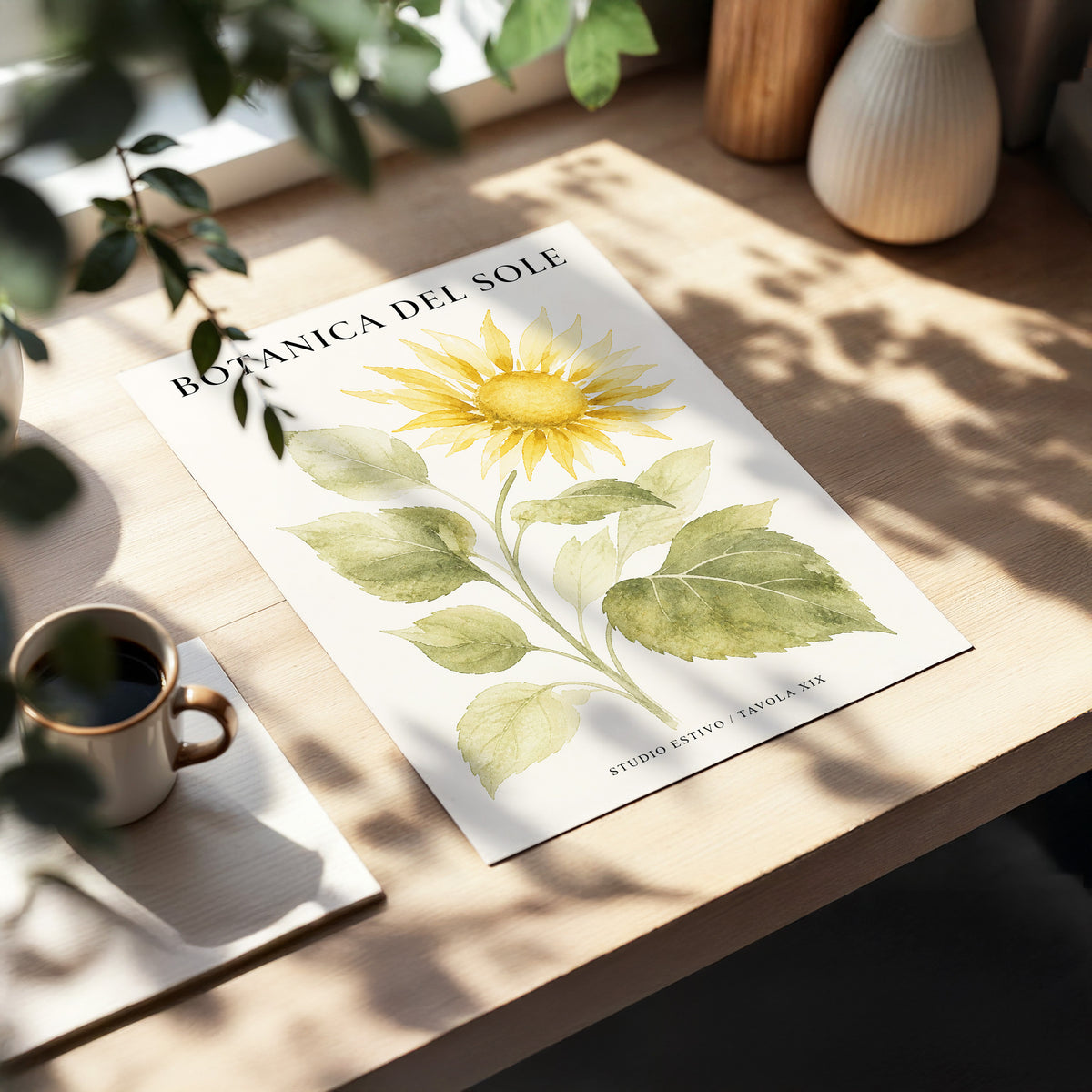 Sunlit Botanical, gold, green, beige floral wall art displayed in a styled interior, gallery view 3