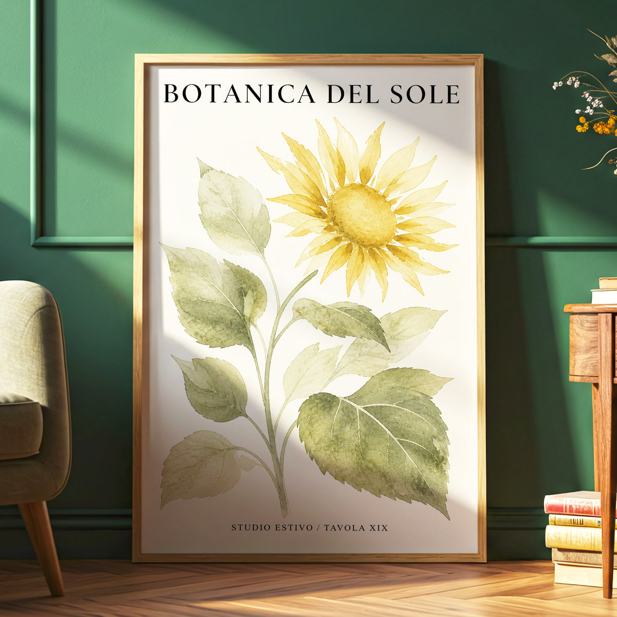 Sunlit Botanical, gold, green, beige floral wall art displayed in a styled interior, gallery view 6