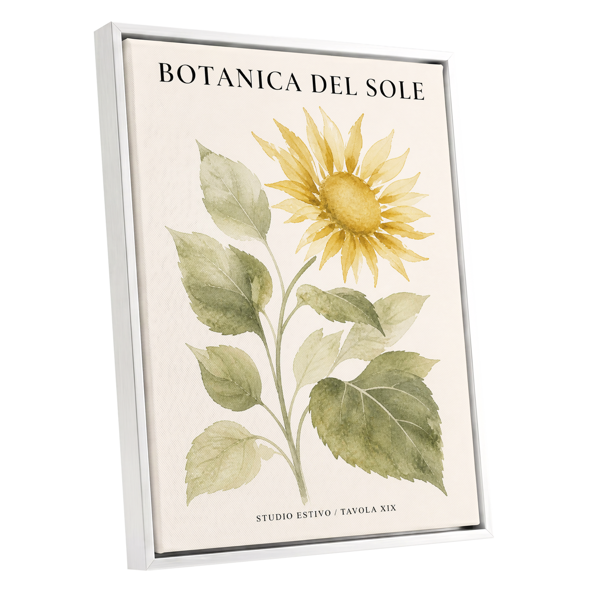 Sunlit Botanical, gold, green, beige floral wall art shown as a white framed canvas wall art