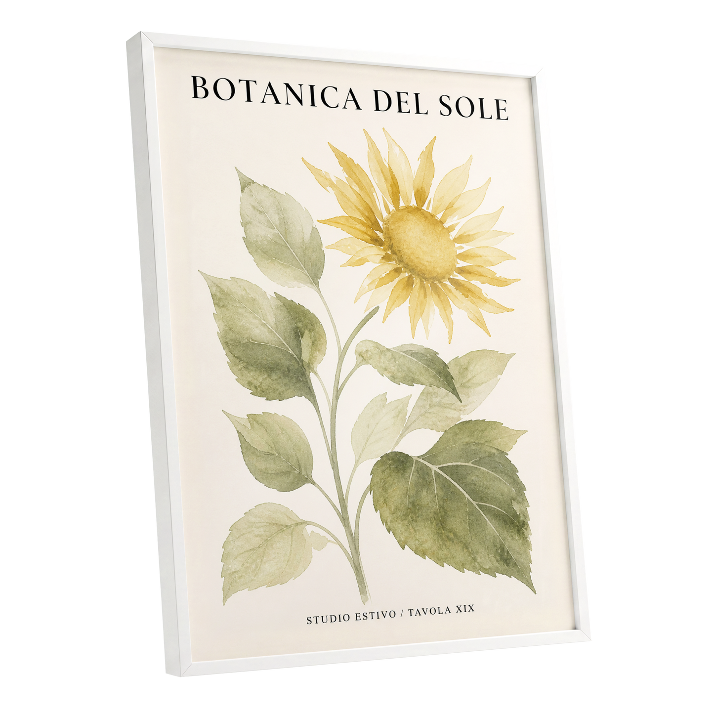 Sunlit Botanical, gold, green, beige floral wall art shown as a white framed poster wall art print