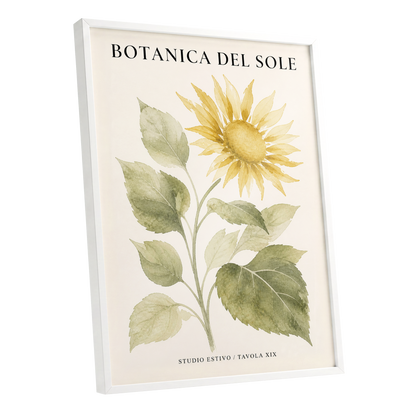 Sunlit Botanical, gold, green, beige floral wall art shown as a white framed poster wall art print