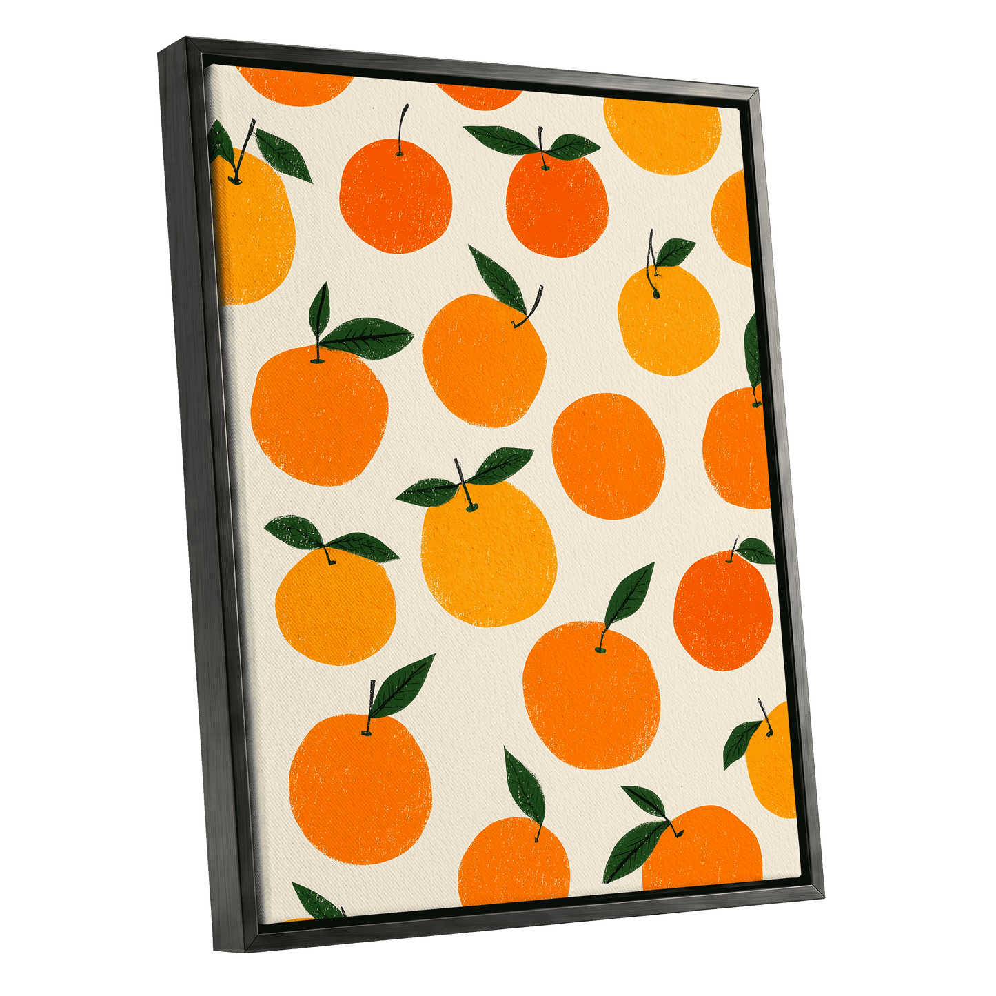Sunlit Citrus Scatter, orange, yellow, green nature wall art shown as a black framed canvas wall art