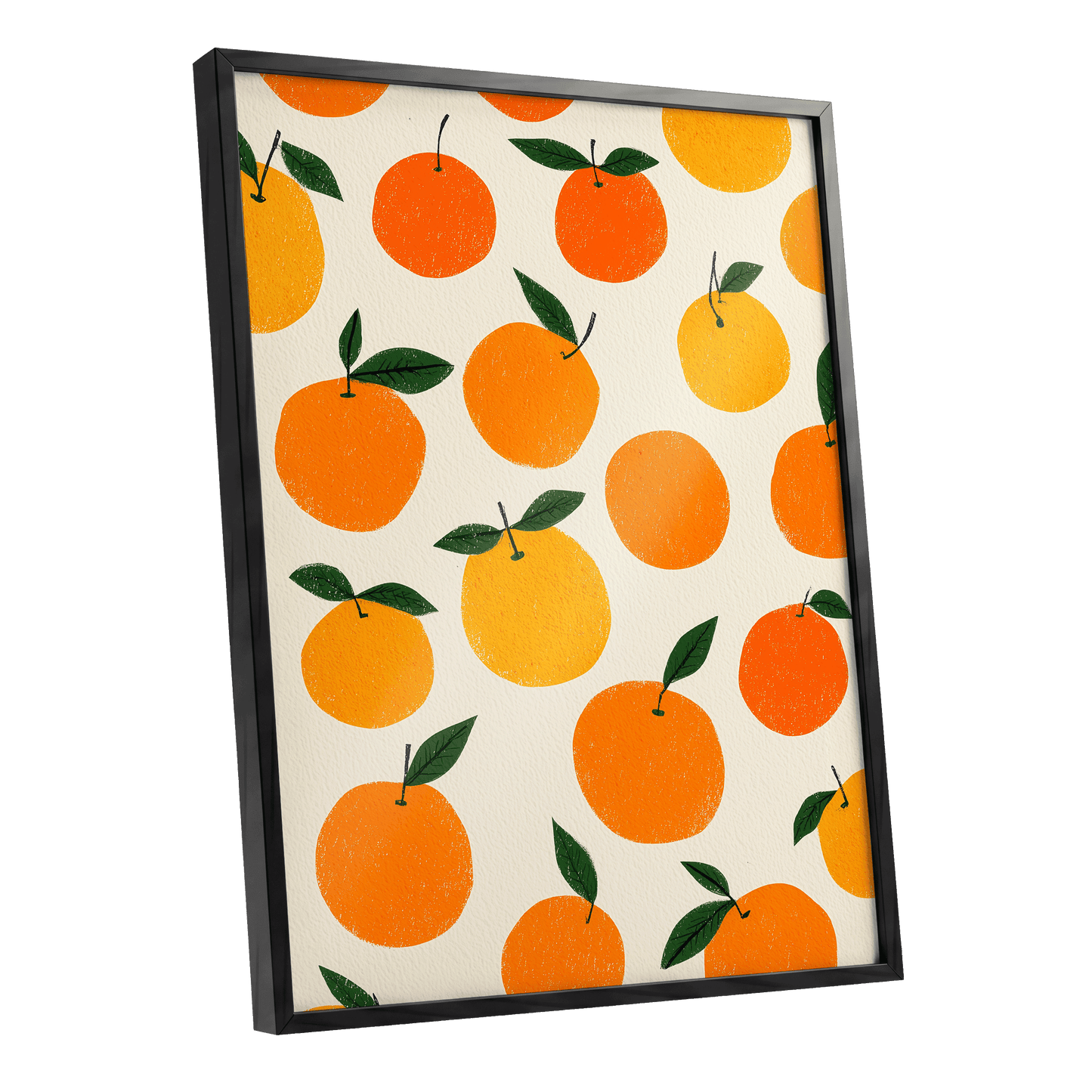 Sunlit Citrus Scatter, orange, yellow, green nature wall art shown as a black framed poster wall art print