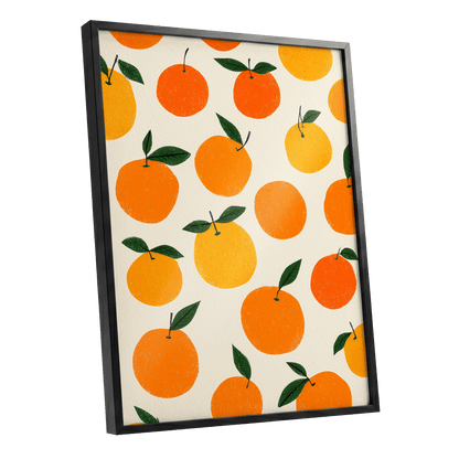 Sunlit Citrus Scatter, orange, yellow, green nature wall art shown as a black framed poster wall art print