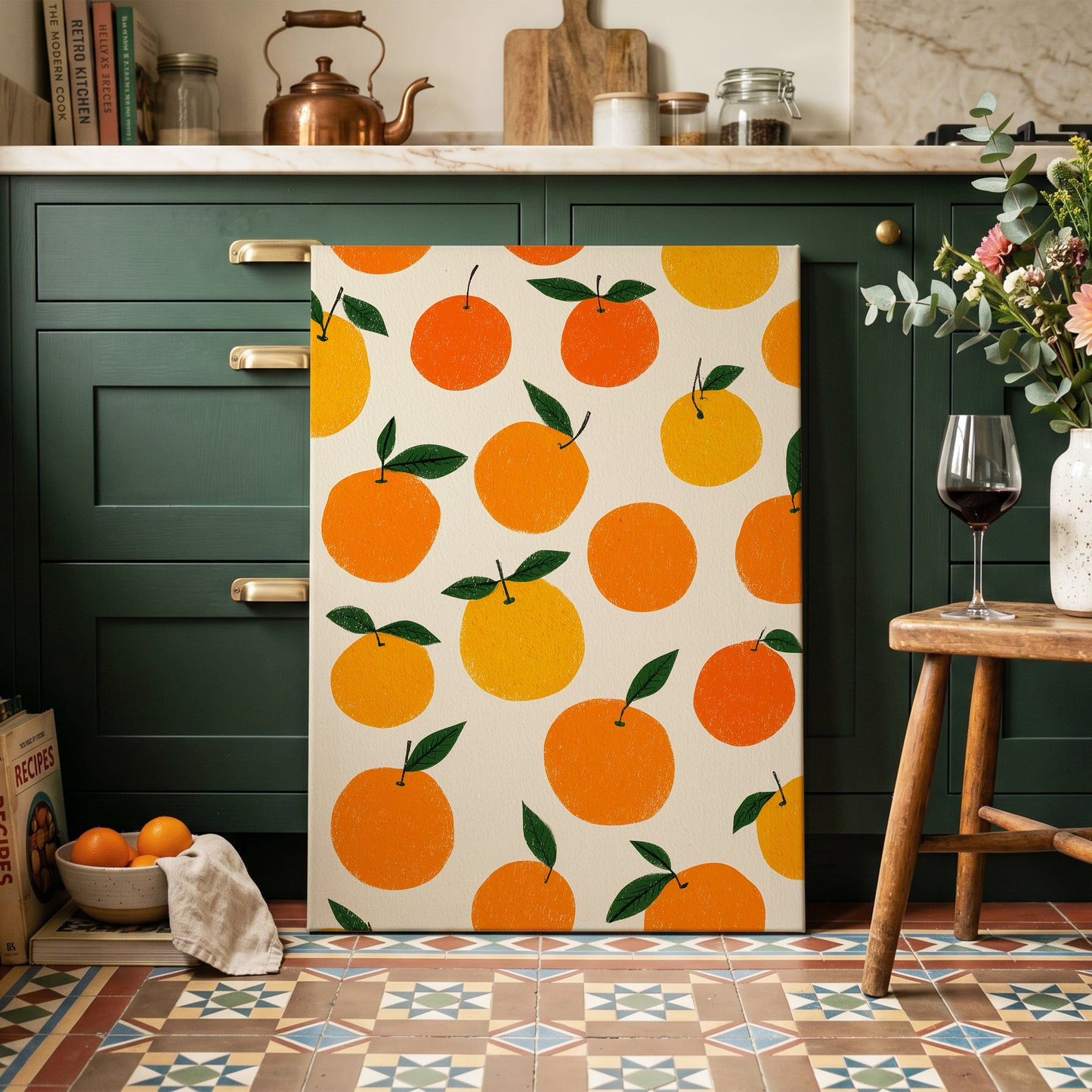 Sunlit Citrus Scatter, orange, yellow, green nature wall art on canvas displayed in a styled interior, gallery view 1