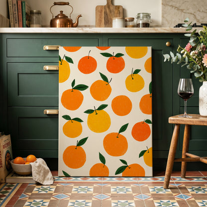 Sunlit Citrus Scatter, orange, yellow, green nature wall art on canvas displayed in a styled interior, gallery view 1
