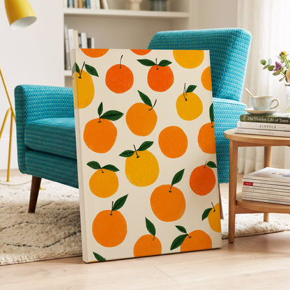 Sunlit Citrus Scatter, orange, yellow, green nature wall art on canvas displayed in a styled interior, gallery view 2