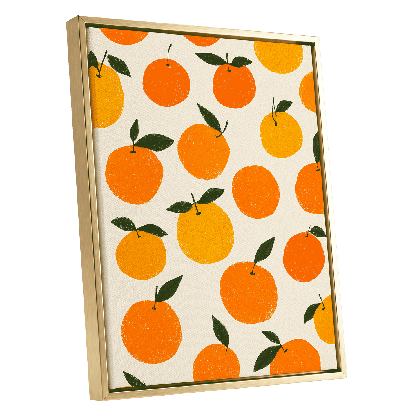 Sunlit Citrus Scatter, orange, yellow, green nature wall art shown as a gold framed canvas wall art