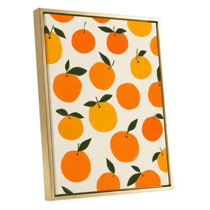 Sunlit Citrus Scatter, orange, yellow, green nature wall art shown as a gold framed canvas wall art