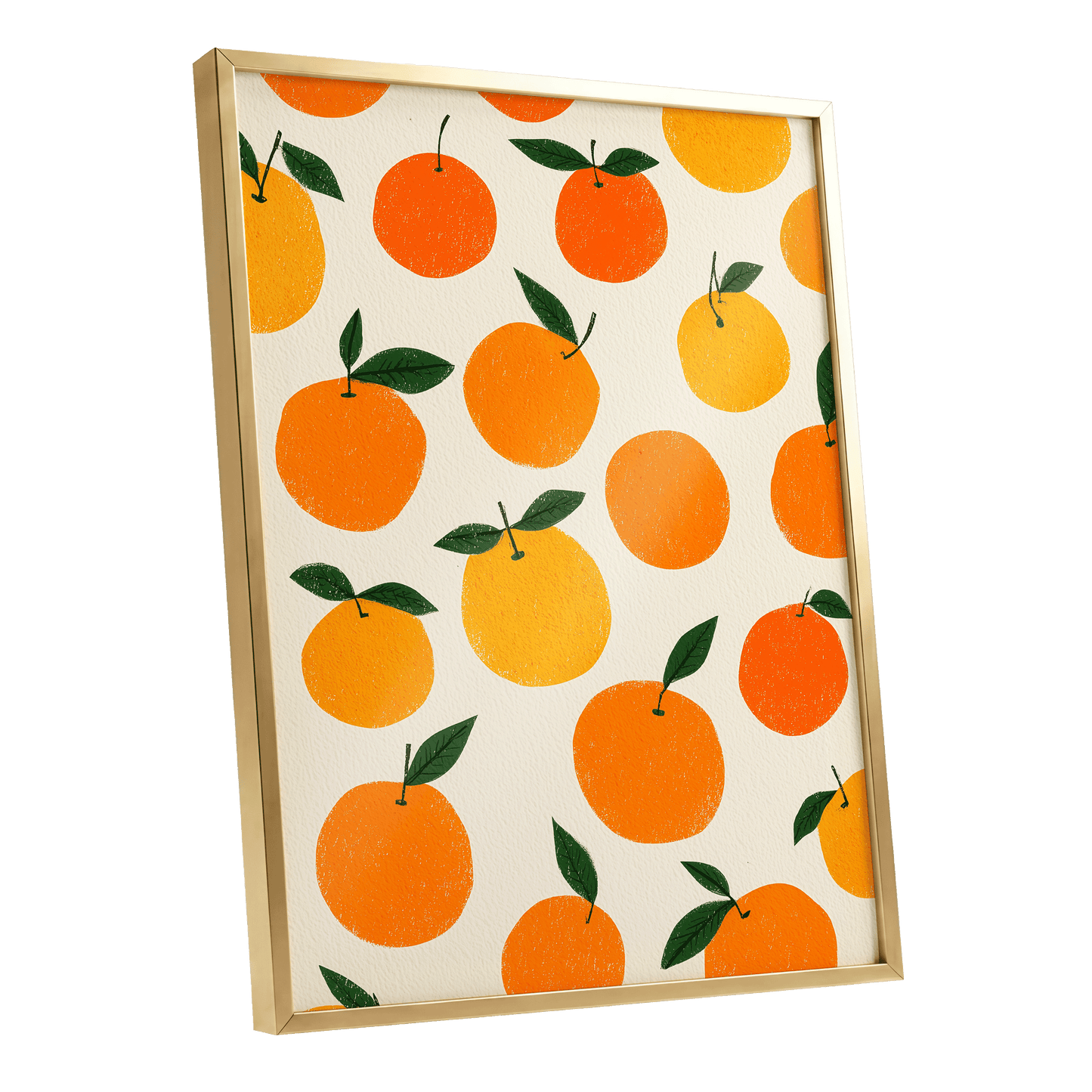 Sunlit Citrus Scatter, orange, yellow, green nature wall art shown as a gold framed poster wall art print