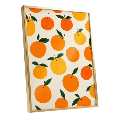 Sunlit Citrus Scatter, orange, yellow, green nature wall art shown as a gold framed poster wall art print