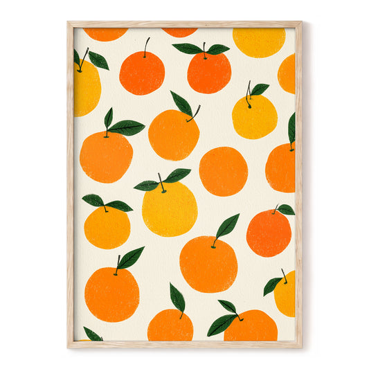 Sunlit Citrus Scatter, orange, yellow, green nature wall art, front artwork view