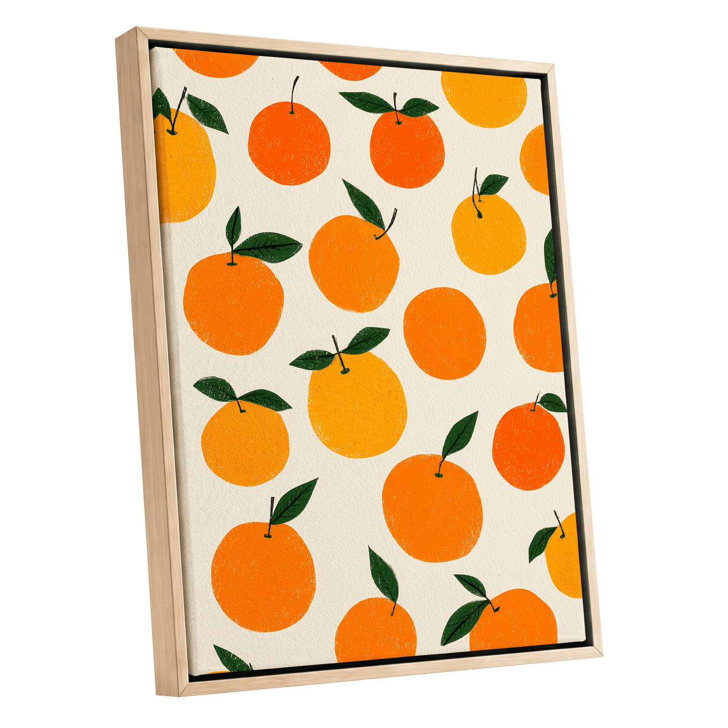 Sunlit Citrus Scatter, orange, yellow, green nature wall art shown as a oak framed canvas wall art