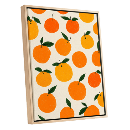 Sunlit Citrus Scatter, orange, yellow, green nature wall art shown as a oak framed canvas wall art