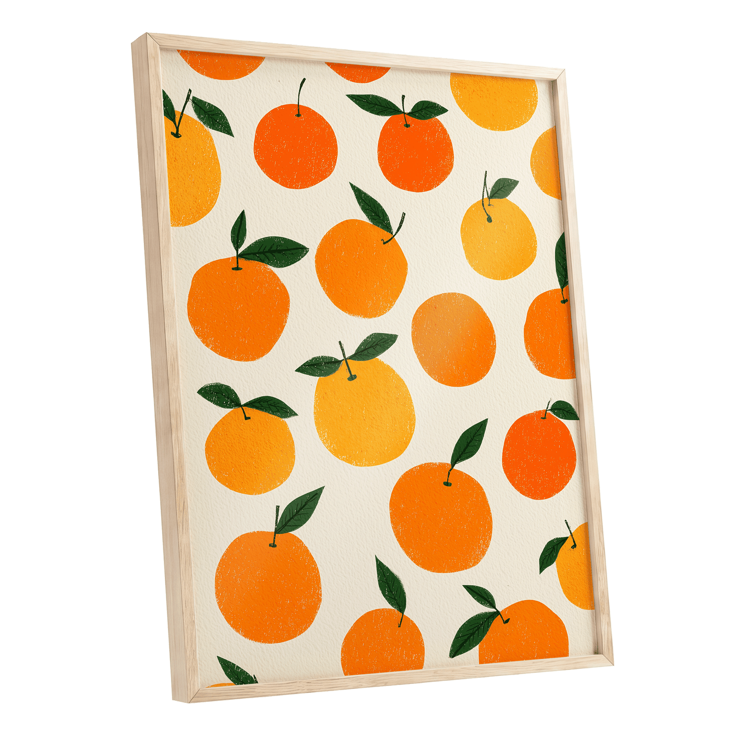 Sunlit Citrus Scatter, orange, yellow, green nature wall art shown as a oak framed poster wall art print