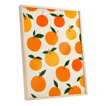 Sunlit Citrus Scatter, orange, yellow, green nature wall art shown as a oak framed poster wall art print