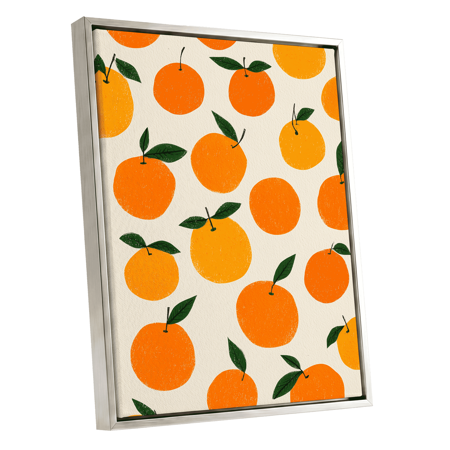 Sunlit Citrus Scatter, orange, yellow, green nature wall art shown as a silver framed canvas wall art