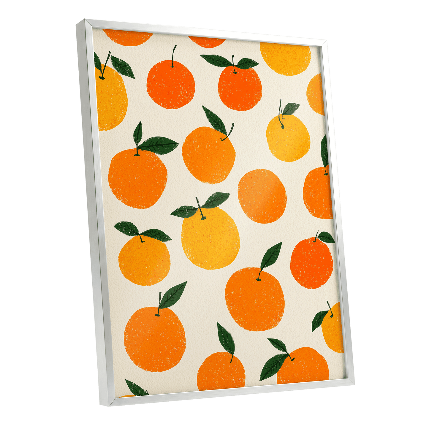 Sunlit Citrus Scatter, orange, yellow, green nature wall art shown as a silver framed poster wall art print