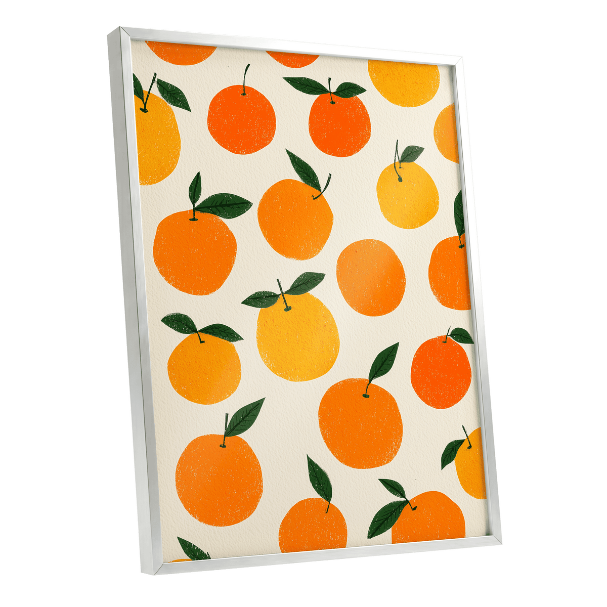 Sunlit Citrus Scatter, orange, yellow, green nature wall art shown as a silver framed poster wall art print