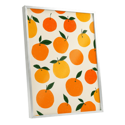 Sunlit Citrus Scatter, orange, yellow, green nature wall art shown as a silver framed poster wall art print