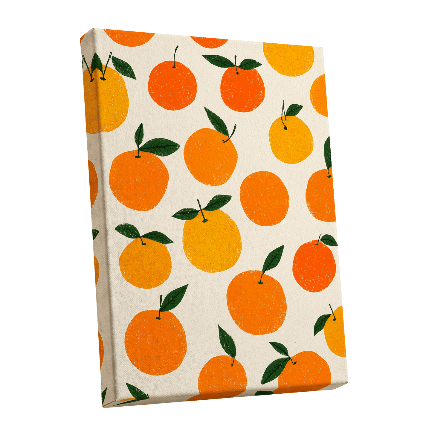 Sunlit Citrus Scatter, orange, yellow, green nature wall art shown as a stretched canvas wall art