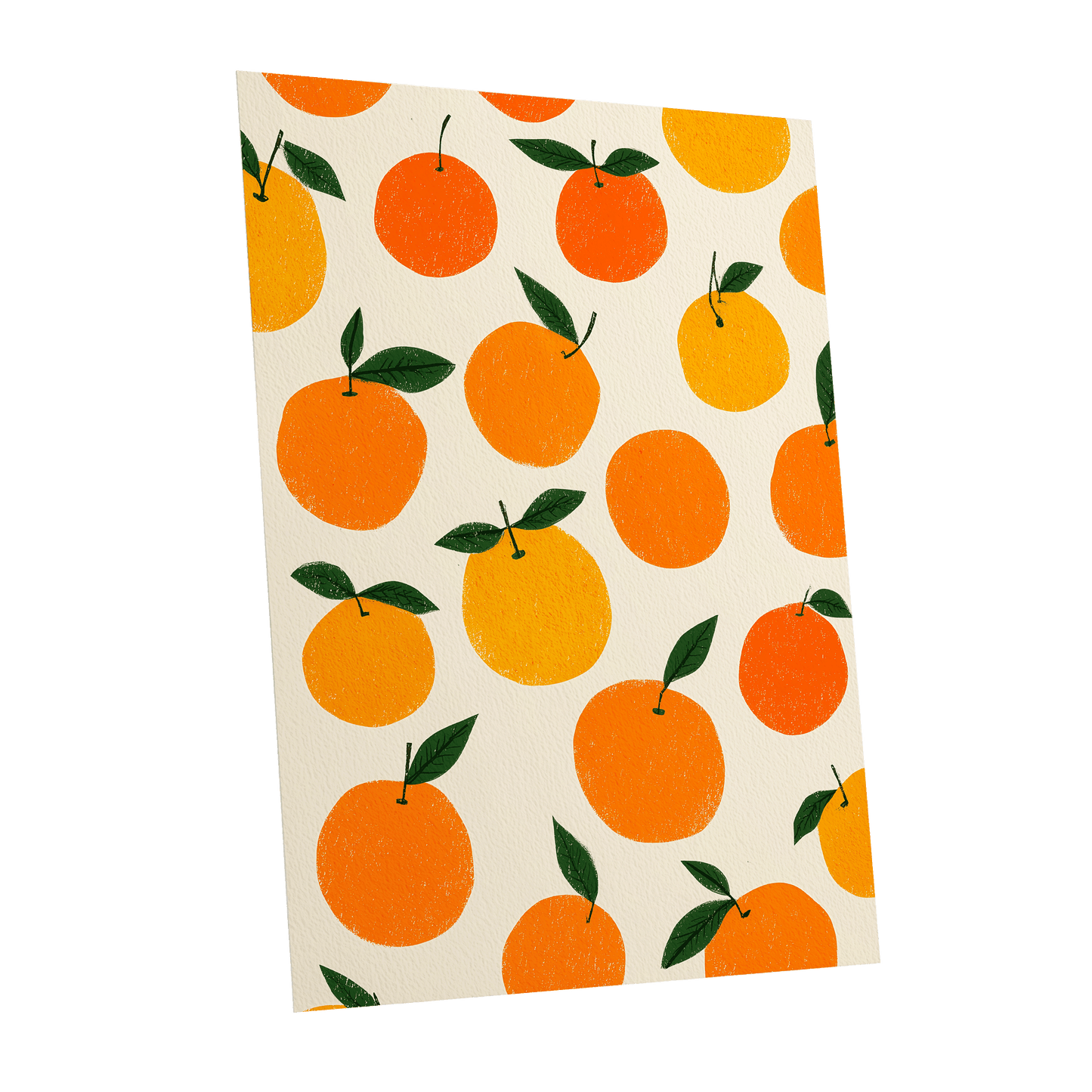 Sunlit Citrus Scatter, orange, yellow, green nature wall art shown as a unframed poster wall art print