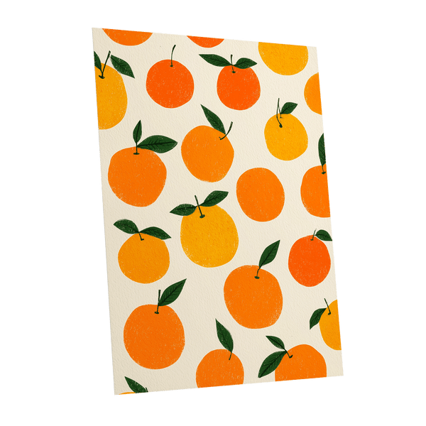 Sunlit Citrus Scatter, orange, yellow, green nature wall art shown as a unframed poster wall art print