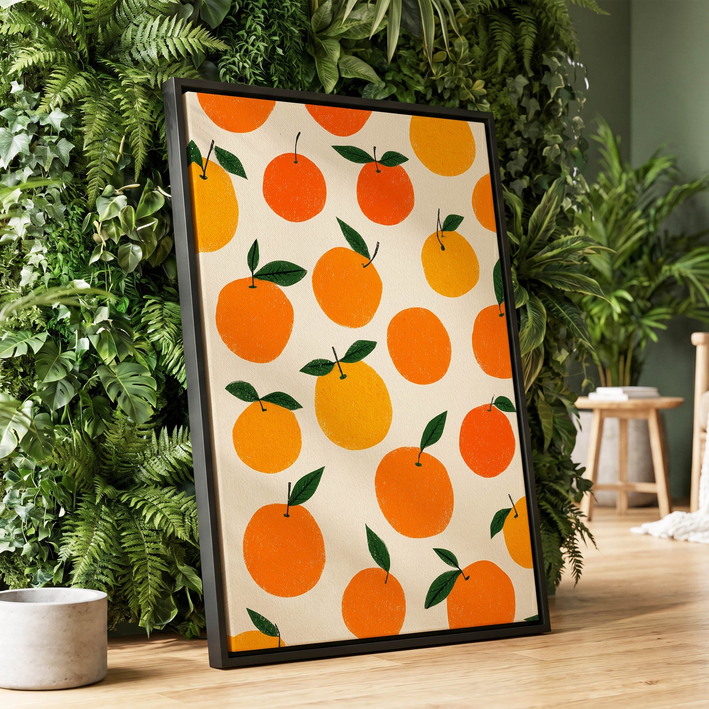 Sunlit Citrus Scatter, orange, yellow, green nature wall art displayed in a styled interior, gallery view 1