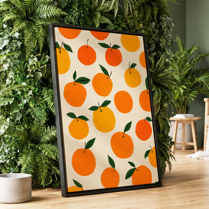 Sunlit Citrus Scatter, orange, yellow, green nature wall art displayed in a styled interior, gallery view 1