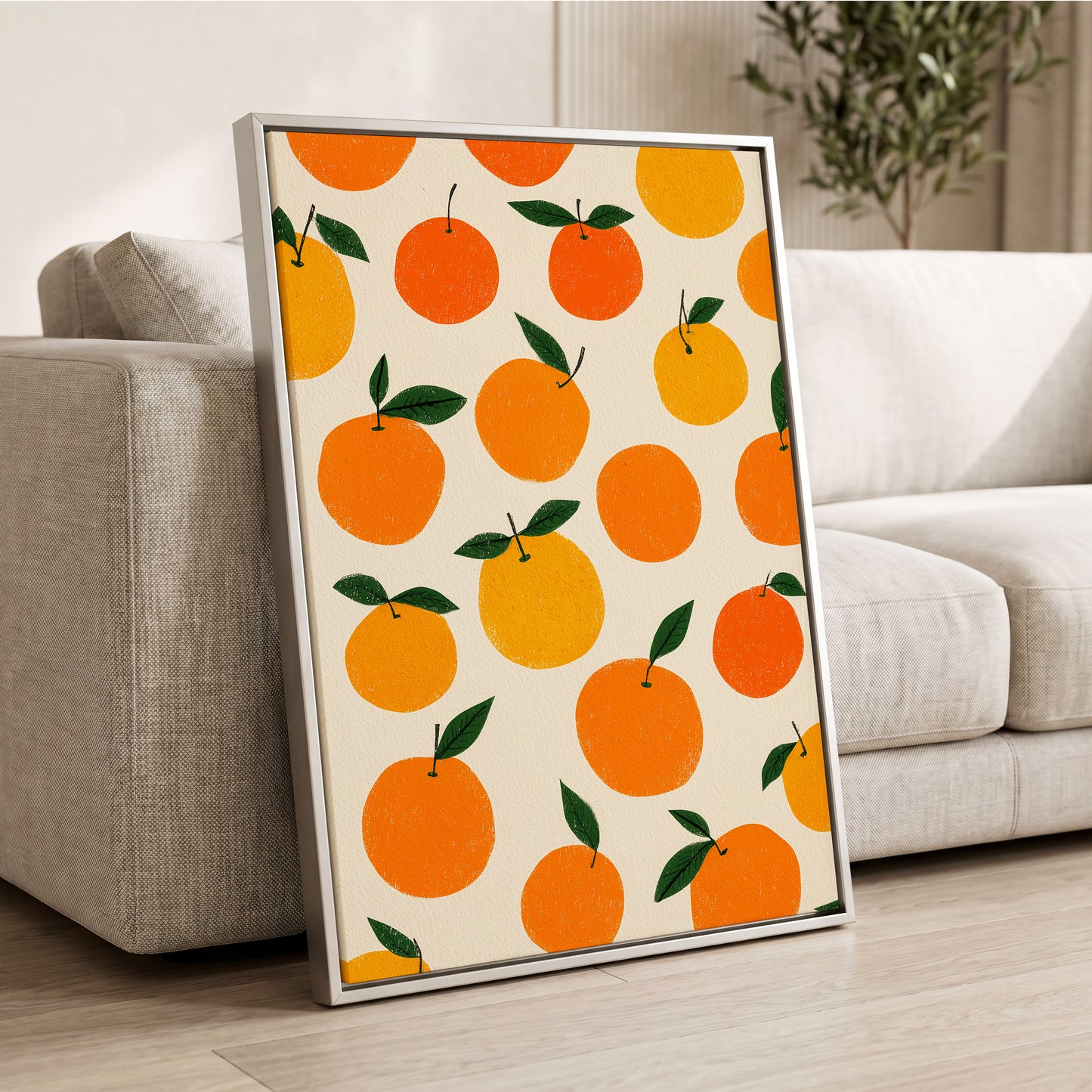Sunlit Citrus Scatter, orange, yellow, green nature wall art displayed in a styled interior, gallery view 2