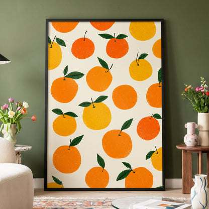 Sunlit Citrus Scatter, orange, yellow, green nature wall art displayed in a styled interior, gallery view 4