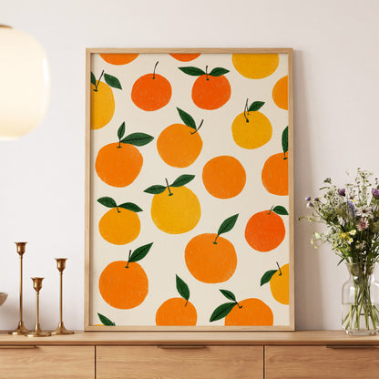 Sunlit Citrus Scatter, orange, yellow, green nature wall art displayed in a styled interior, gallery view 5