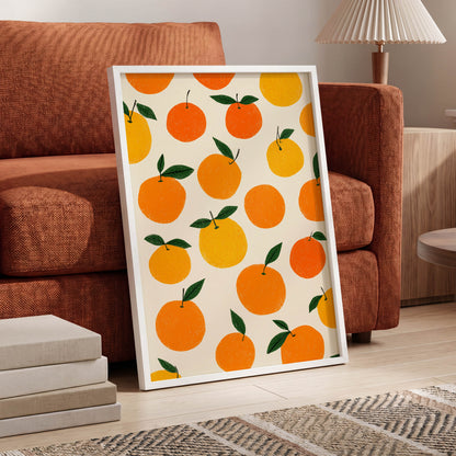 Sunlit Citrus Scatter, orange, yellow, green nature wall art displayed in a styled interior, gallery view 6