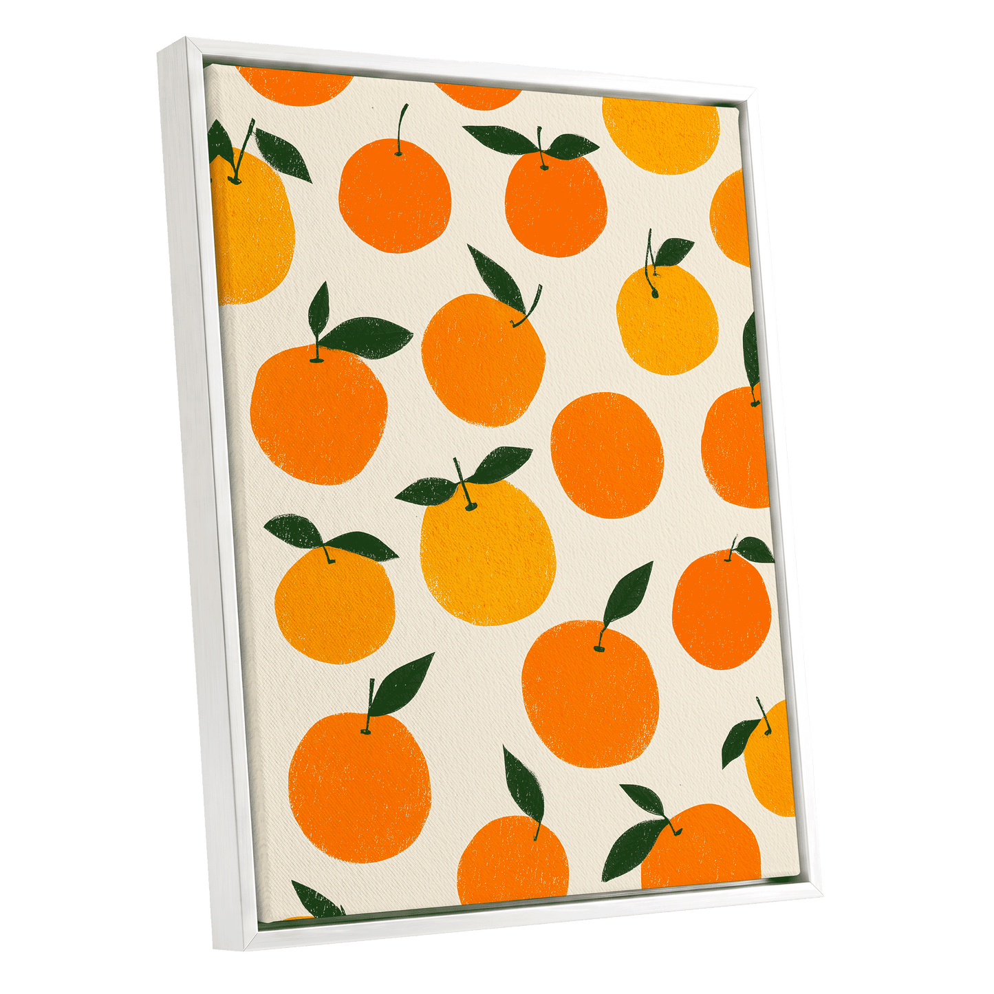 Sunlit Citrus Scatter, orange, yellow, green nature wall art shown as a white framed canvas wall art