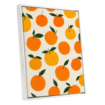 Sunlit Citrus Scatter, orange, yellow, green nature wall art shown as a white framed canvas wall art