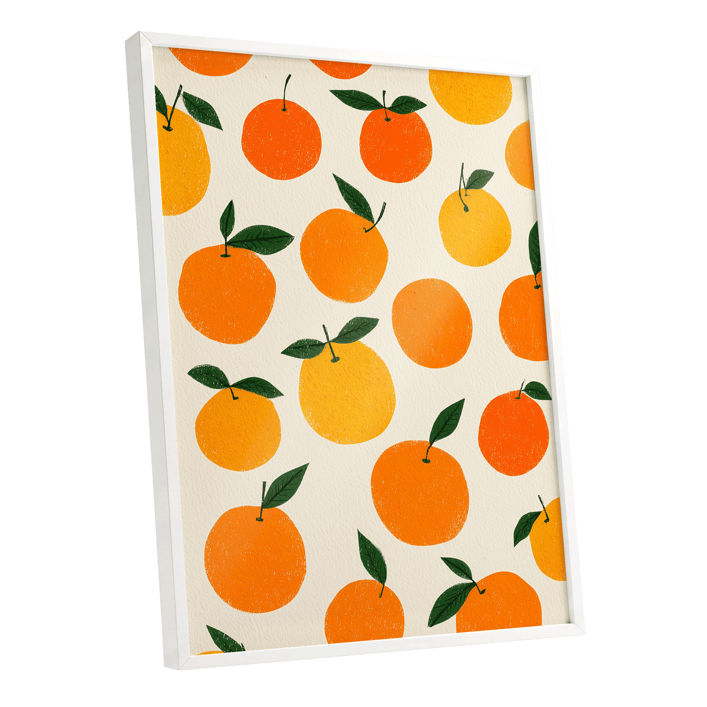 Sunlit Citrus Scatter, orange, yellow, green nature wall art shown as a white framed poster wall art print