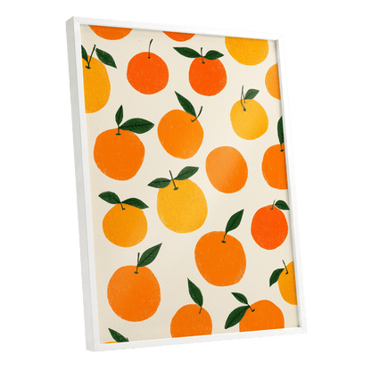 Sunlit Citrus Scatter, orange, yellow, green nature wall art shown as a white framed poster wall art print