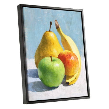 Sunlit Fruit Study, blue, yellow, green nature wall art shown as a black framed canvas wall art