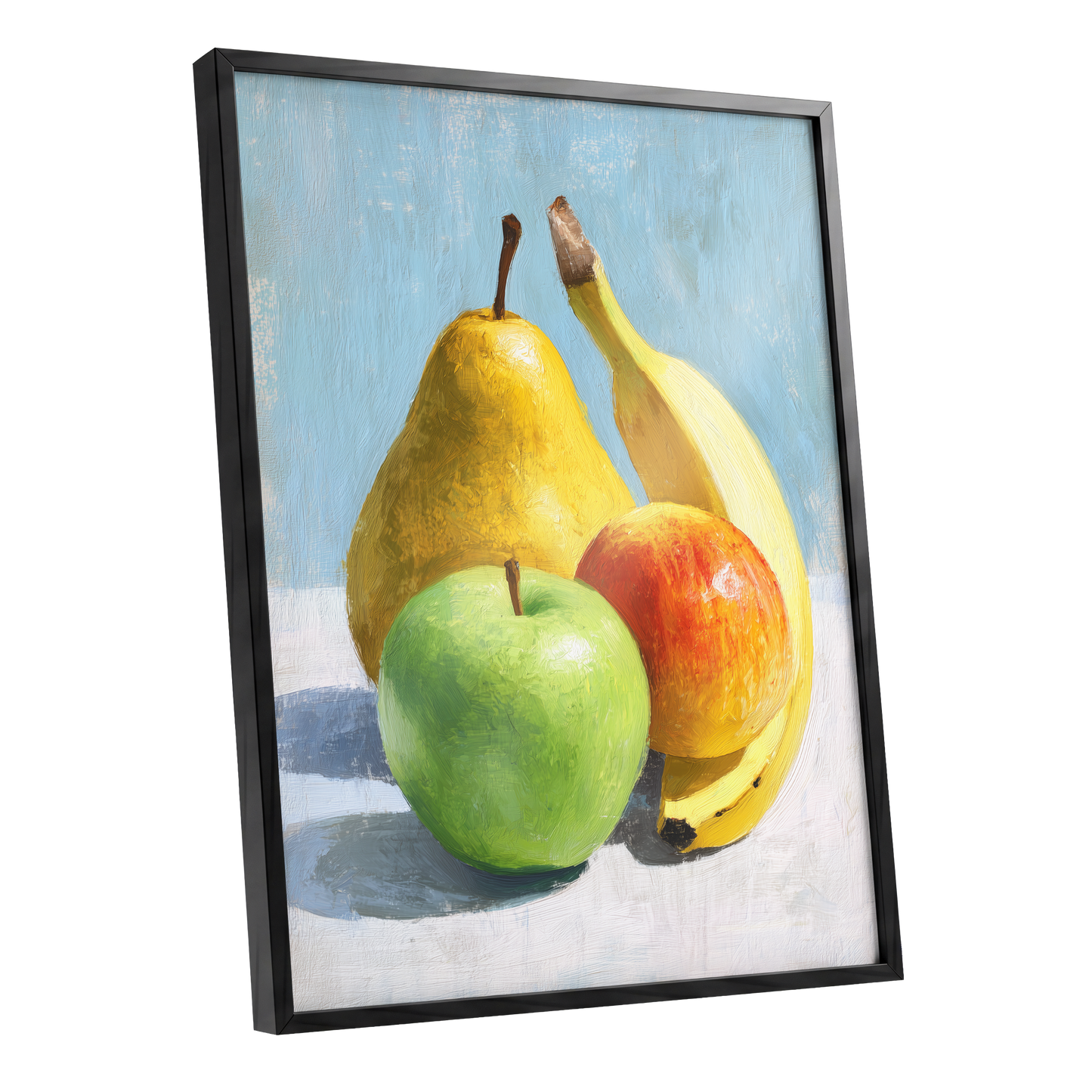 Sunlit Fruit Study, blue, yellow, green nature wall art shown as a black framed poster wall art print