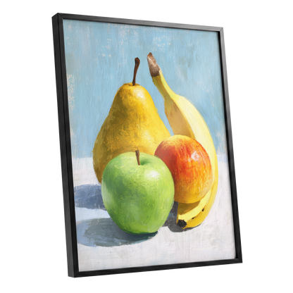 Sunlit Fruit Study, blue, yellow, green nature wall art shown as a black framed poster wall art print