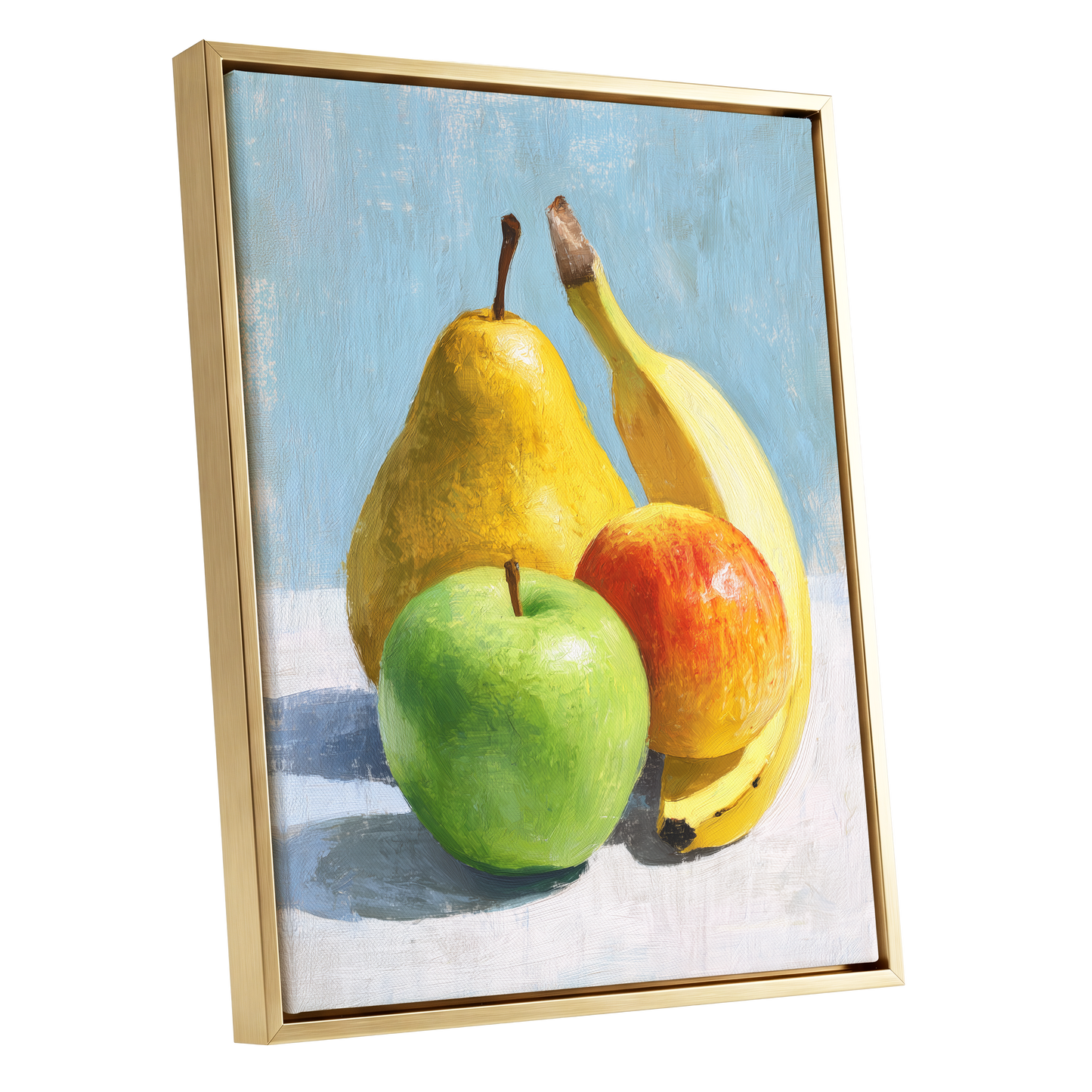 Sunlit Fruit Study, blue, yellow, green nature wall art shown as a gold framed canvas wall art